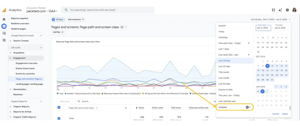 Click Compare from the date range menu