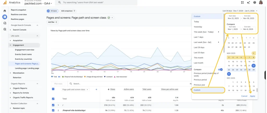 Click Custom and choose your date range and then hit Apply