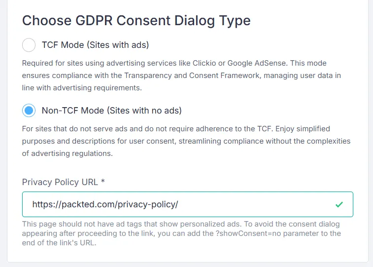 Choose GDPR Consent Dialog Type in Clickio
