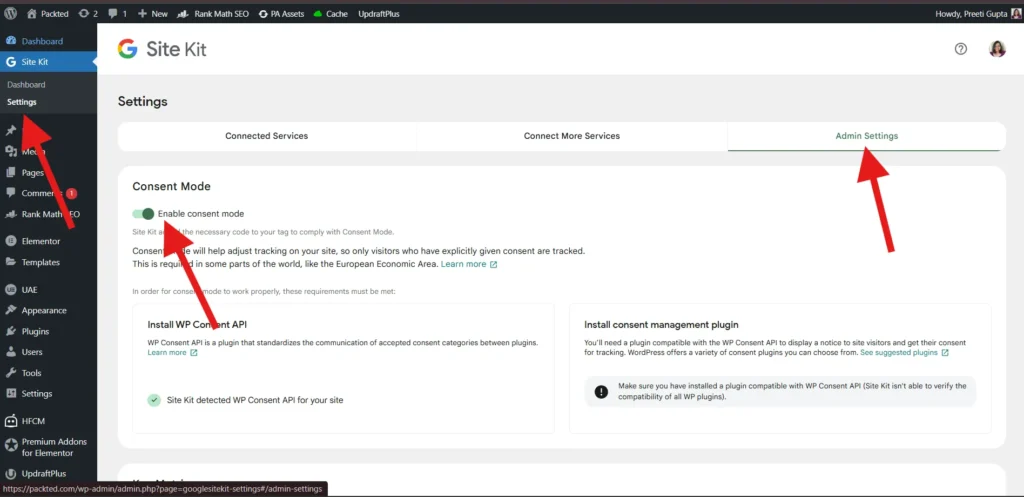 Enabling the consent mode in Site Kit settings