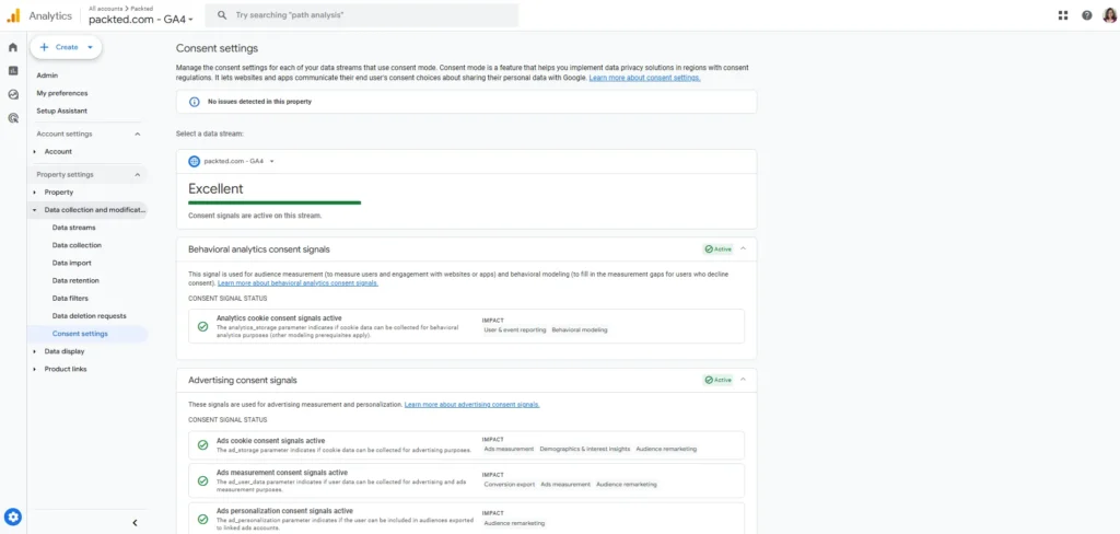 The after image of GA4 showing that the consent mode is active on the site