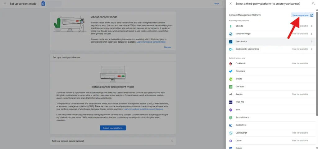 View Comparison in Set up consent mode settings in GA4