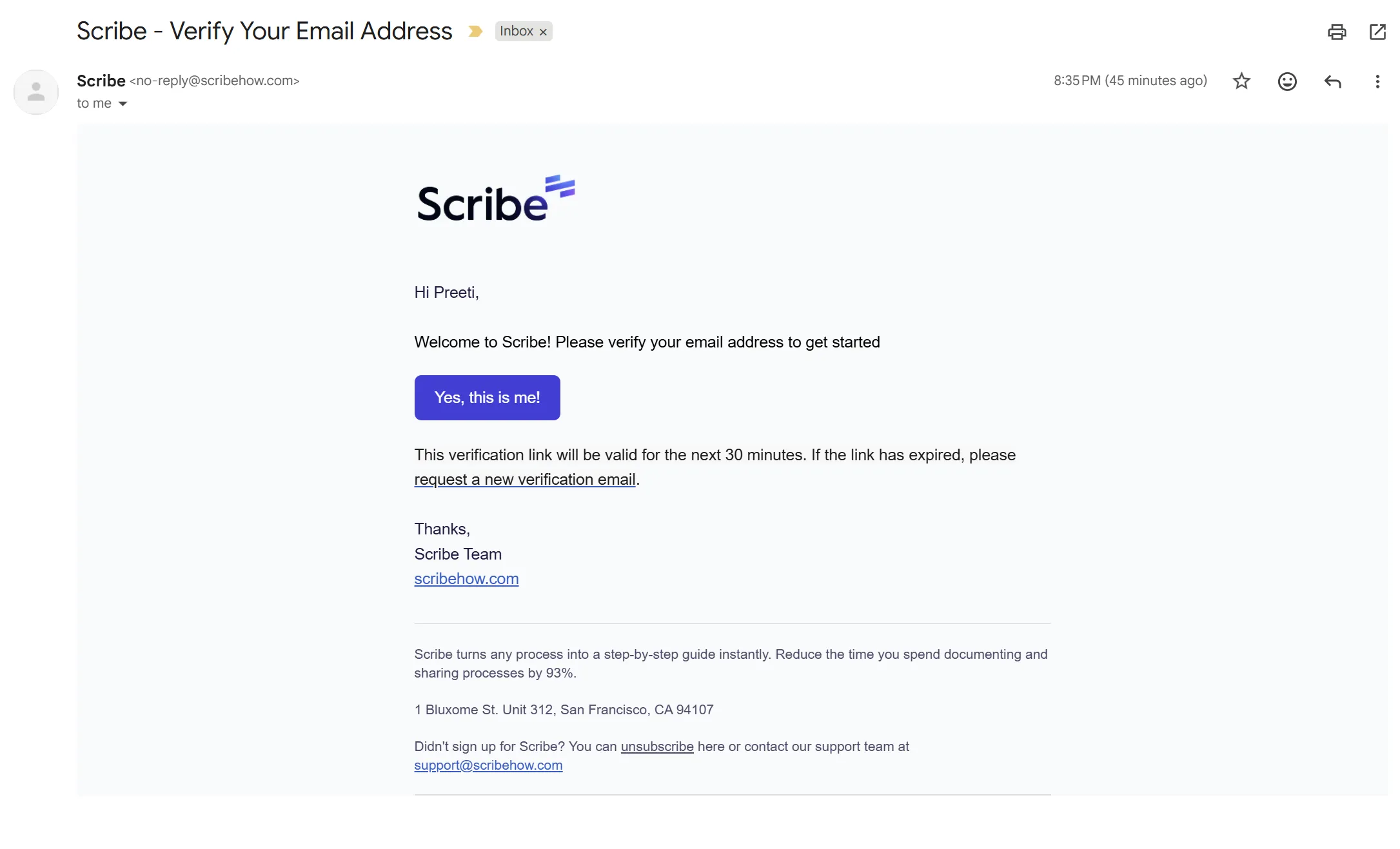Scribe verification email
